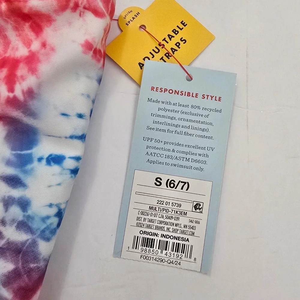 Cat & Jack Girls Tie Dye One Piece Swimsuit Red White Blue Size S 6/7 NWT